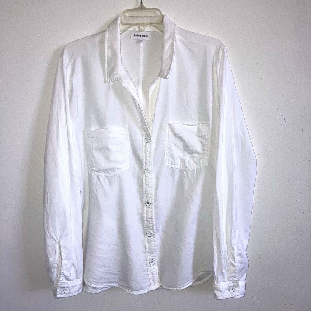 BELLA DAHL sz L Solid White Cotton Lyocell Linen Button Long Sleeve Top Pockets